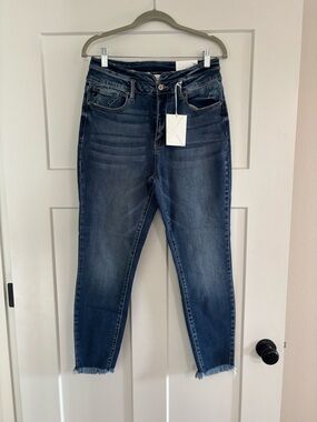 KanCan Dark Blue Cropped Skinny Jeans with Raw Hem